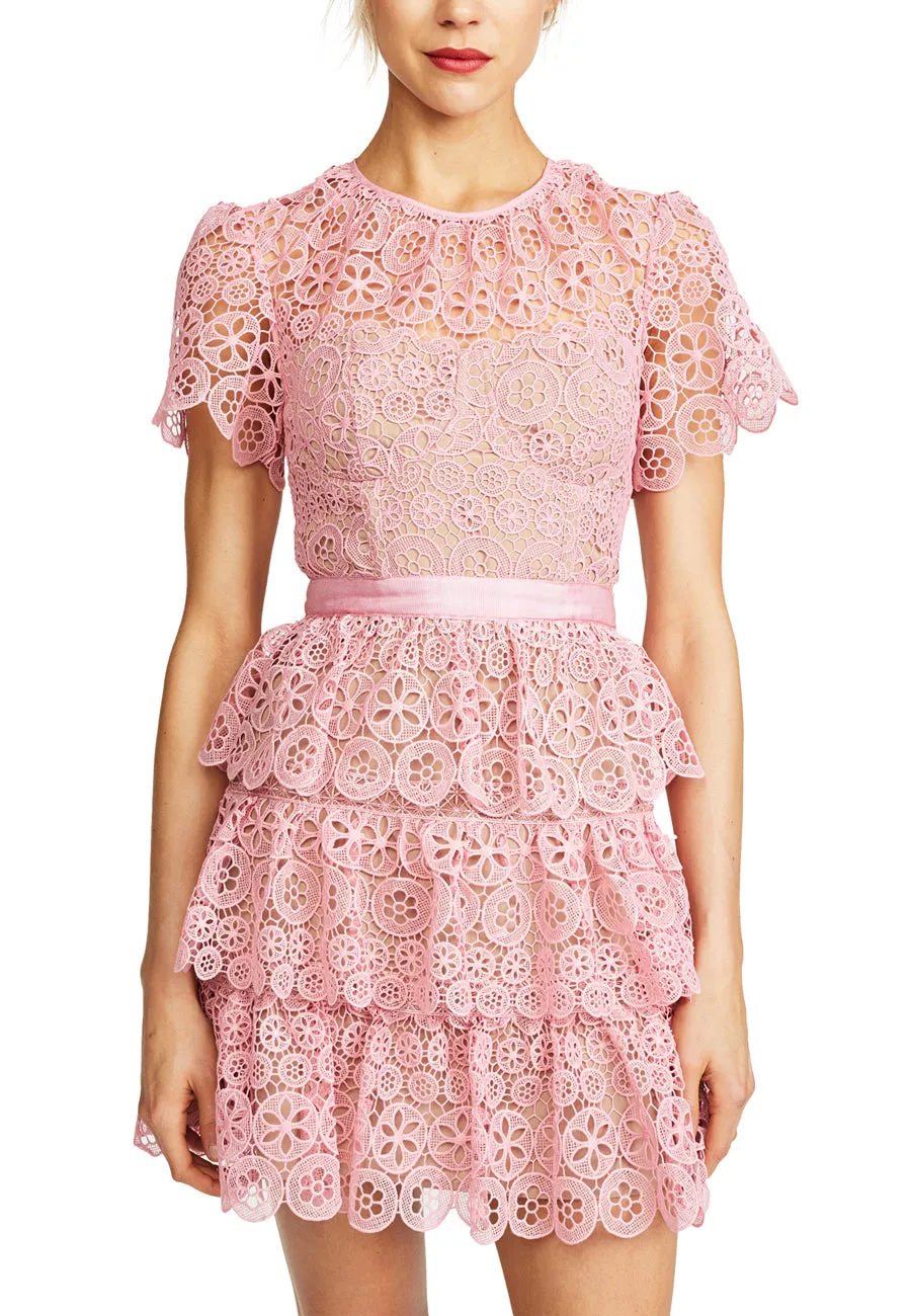 Pink Tiered Geometric Lace Short Sleeves Mini Dress