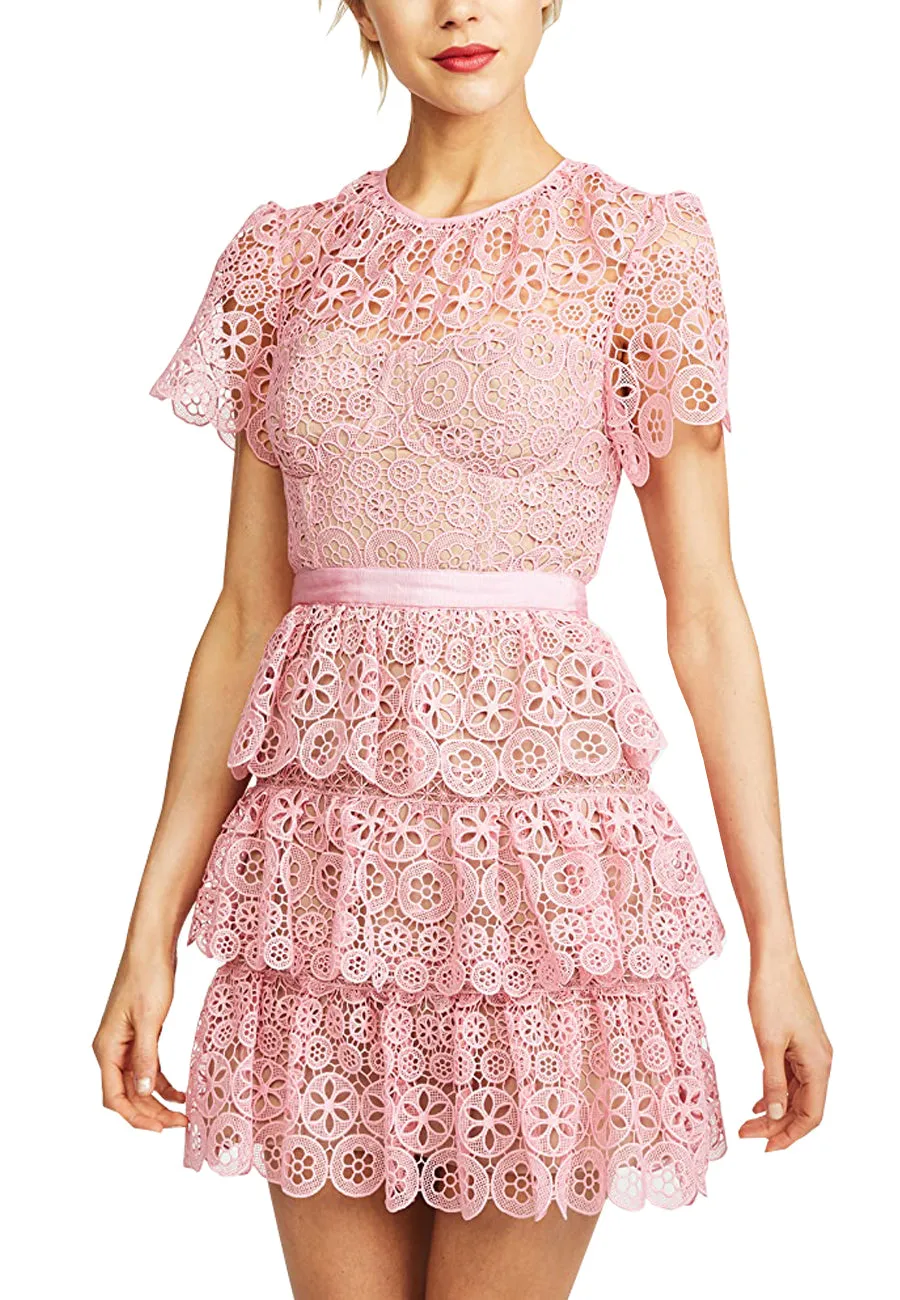 Pink Tiered Geometric Lace Short Sleeves Mini Dress