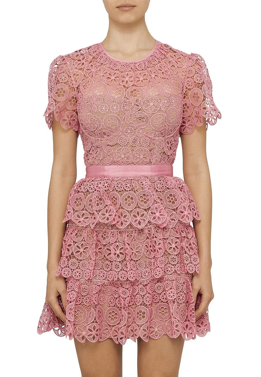 Pink Tiered Geometric Lace Short Sleeves Mini Dress