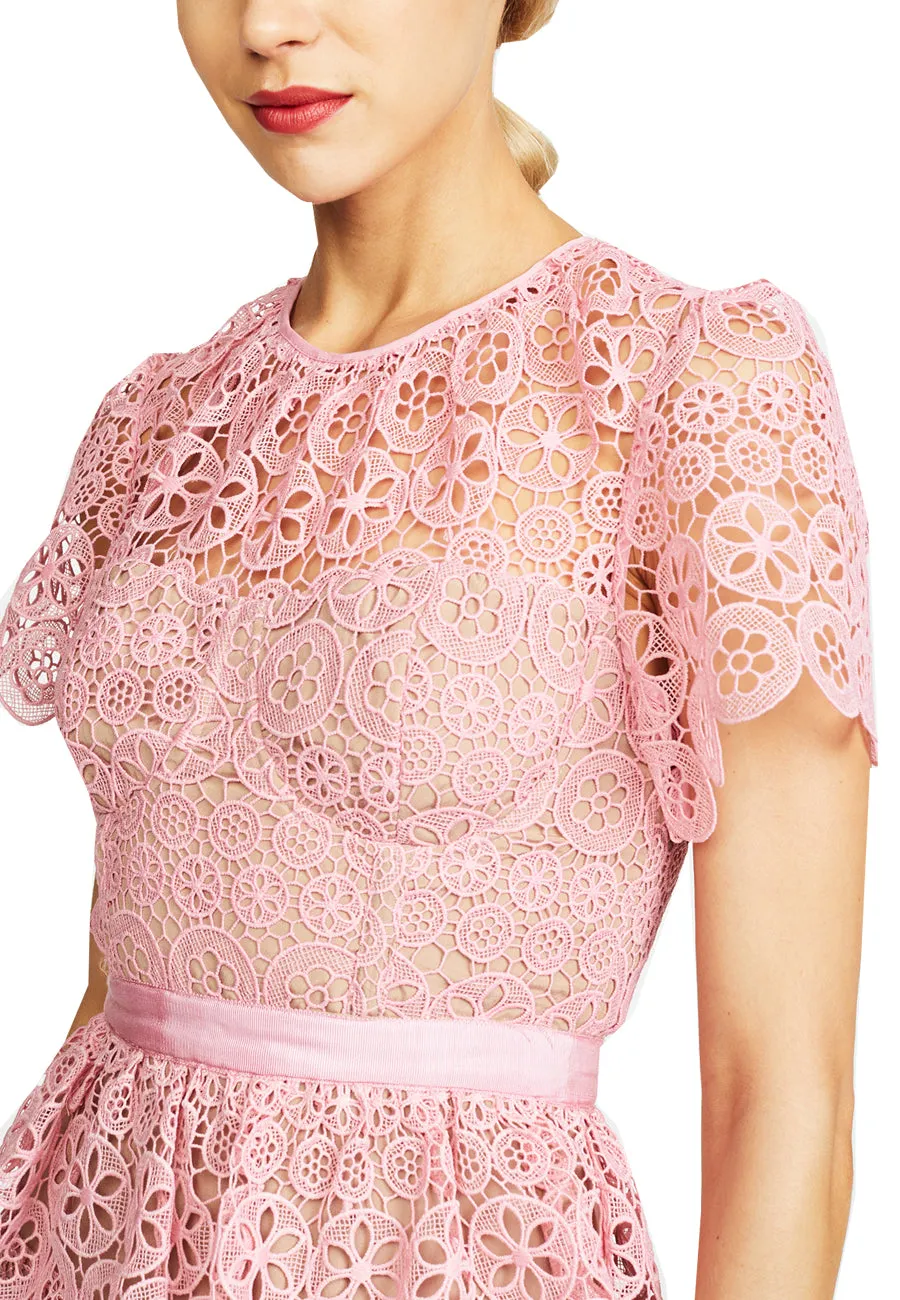 Pink Tiered Geometric Lace Short Sleeves Mini Dress