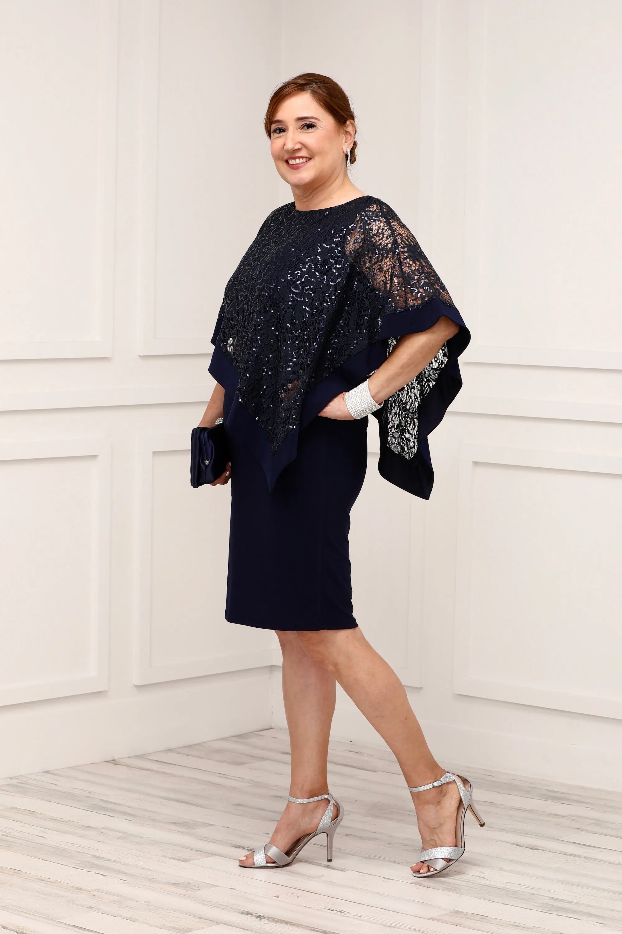 R&M Richard's Petite  Women's  Draped Sequin Lace Poncho Party Dress - Cocktail Dress