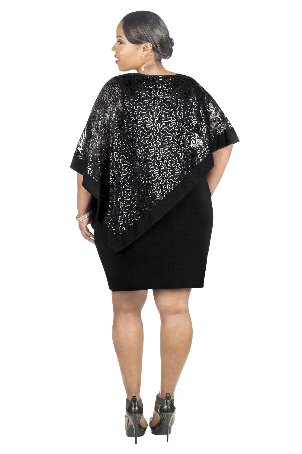 R&M Richards Women's Plus Size Sequin Lace Poncho Party Dress