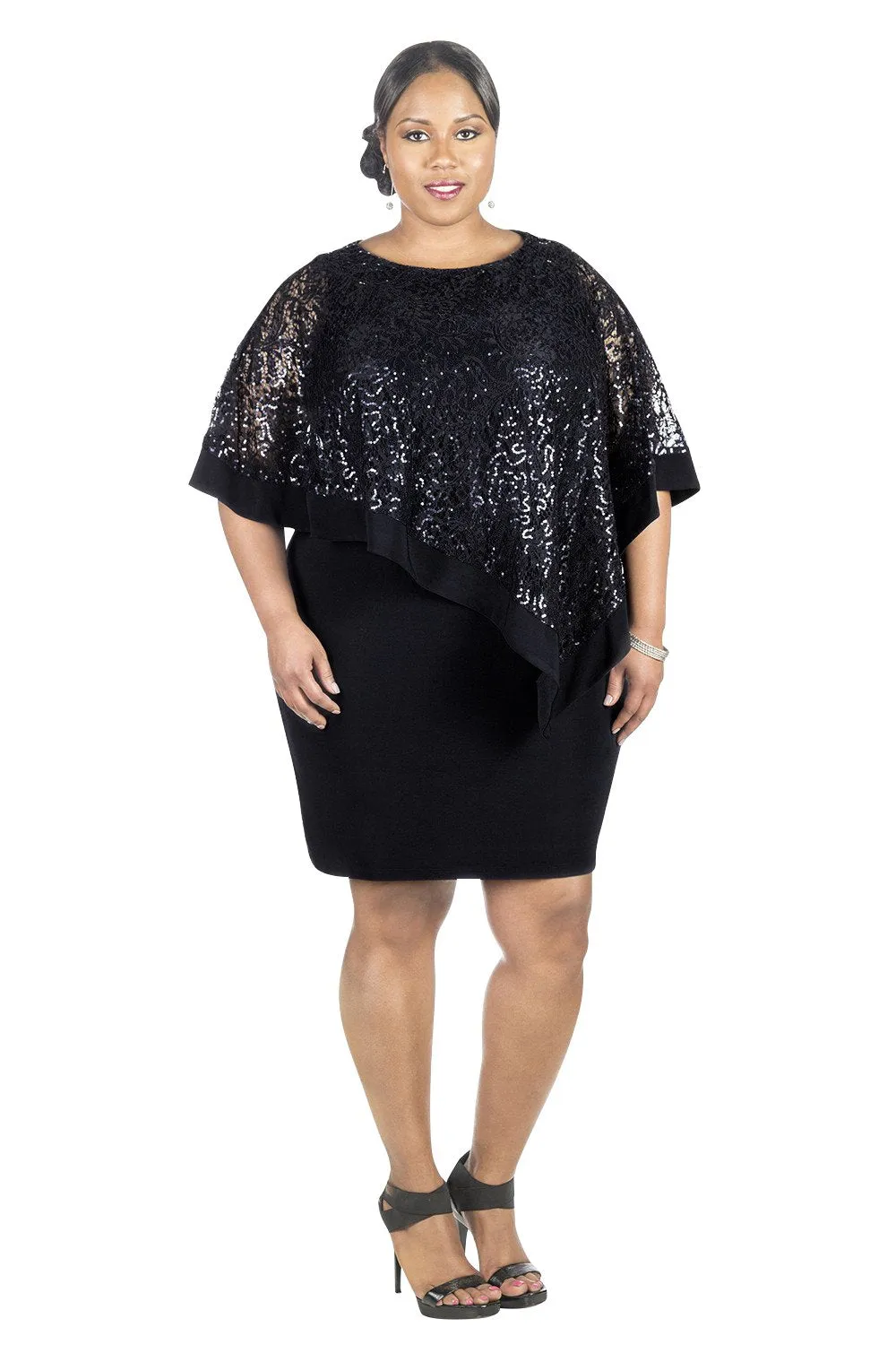 R&M Richards Women's Plus Size Sequin Lace Poncho Party Dress