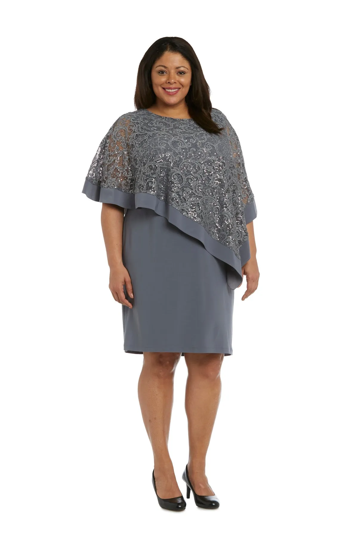 R&M Richards Women's Plus Size Sequin Lace Poncho Party Dress