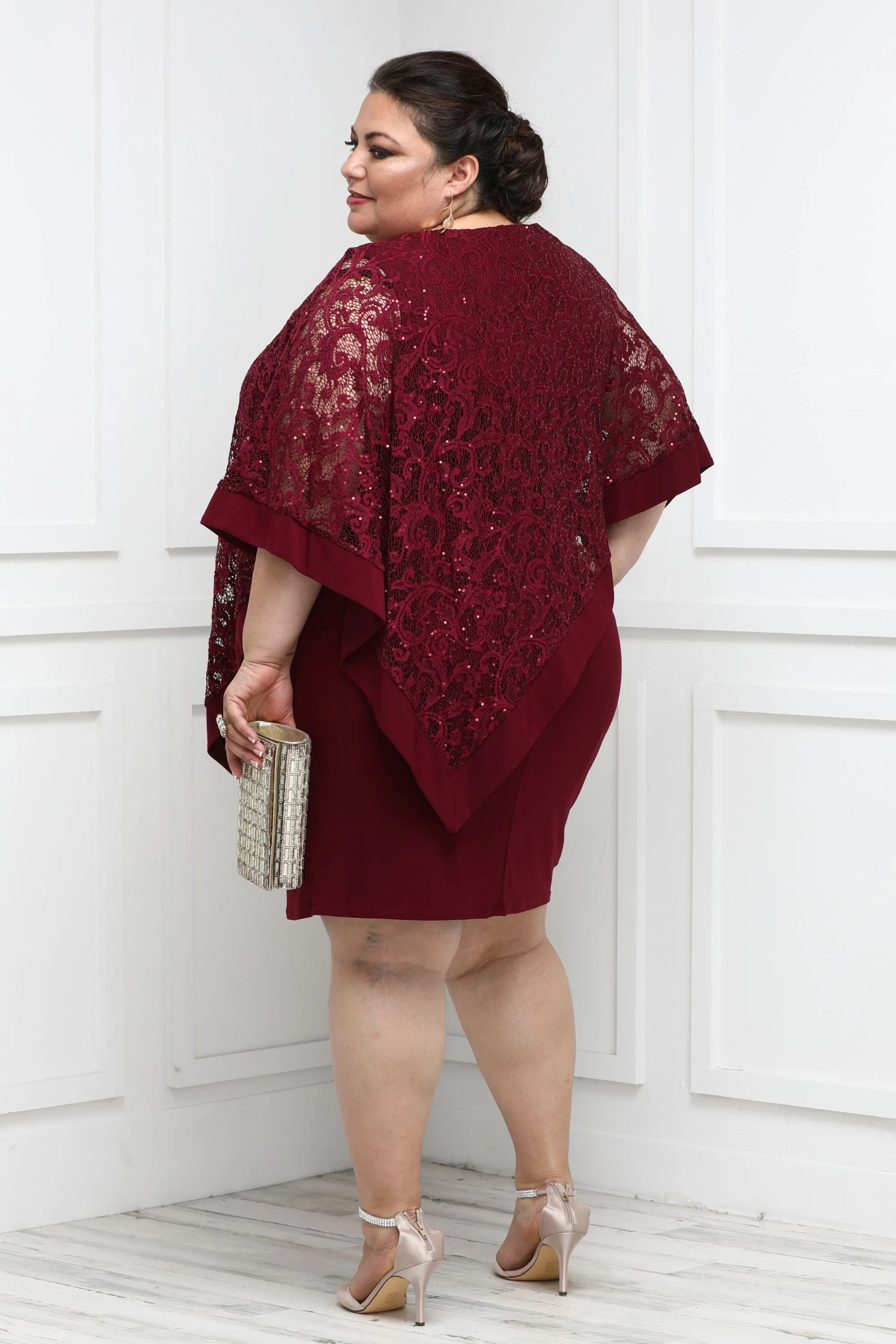 R&M Richards Women's Plus Size Sequin Lace Poncho Party Dress