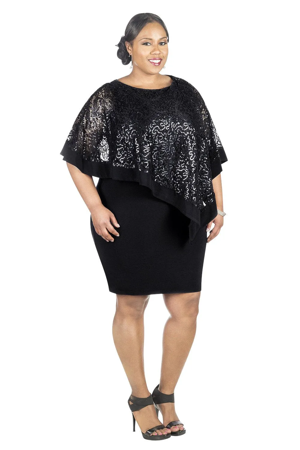 R&M Richards Women's Plus Size Sequin Lace Poncho Party Dress