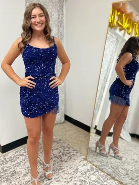 Royal Blue Sheath Spaghetti Straps Sleeveless Short Velvet Sequin Prom Dress (AF1039)