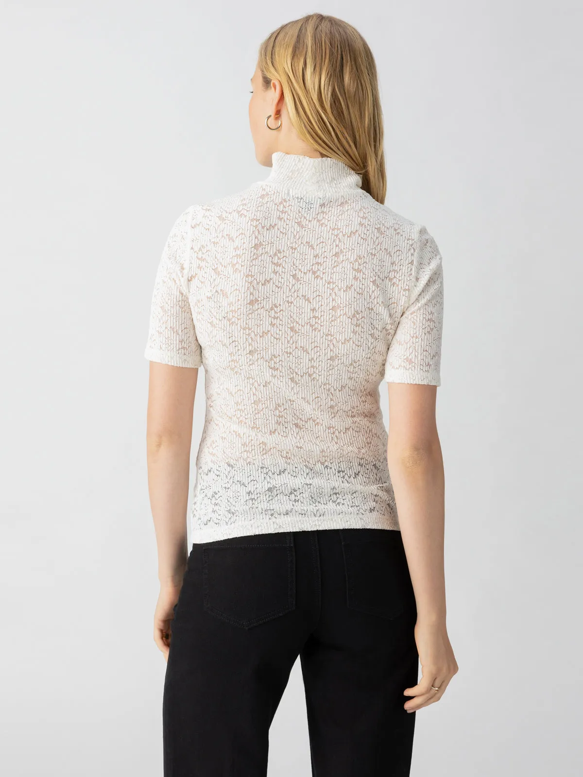 Short Sleeve Lace Mock Neck Tee Chalk