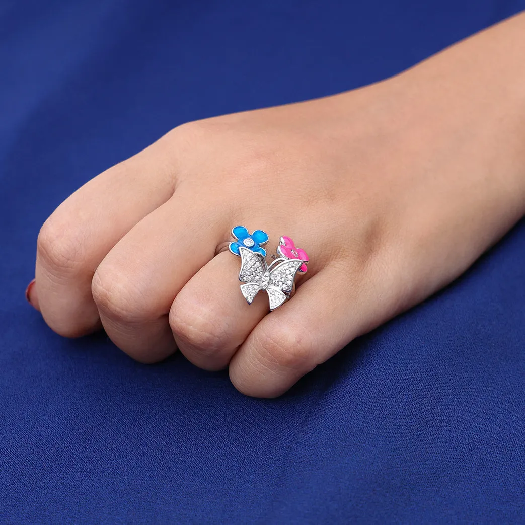 Silver Butterfly and Flower Design Ring for Girls