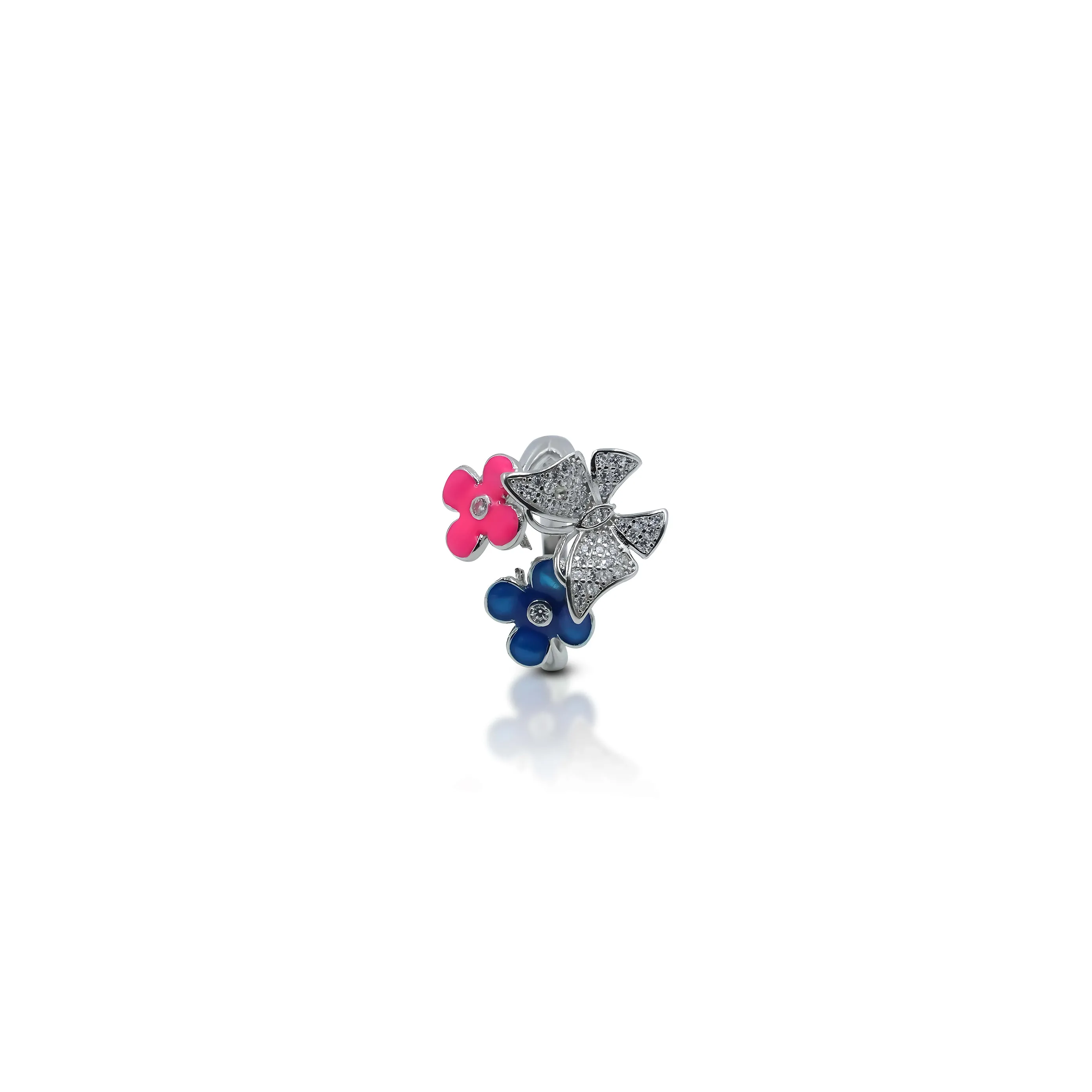 Silver Butterfly and Flower Design Ring for Girls