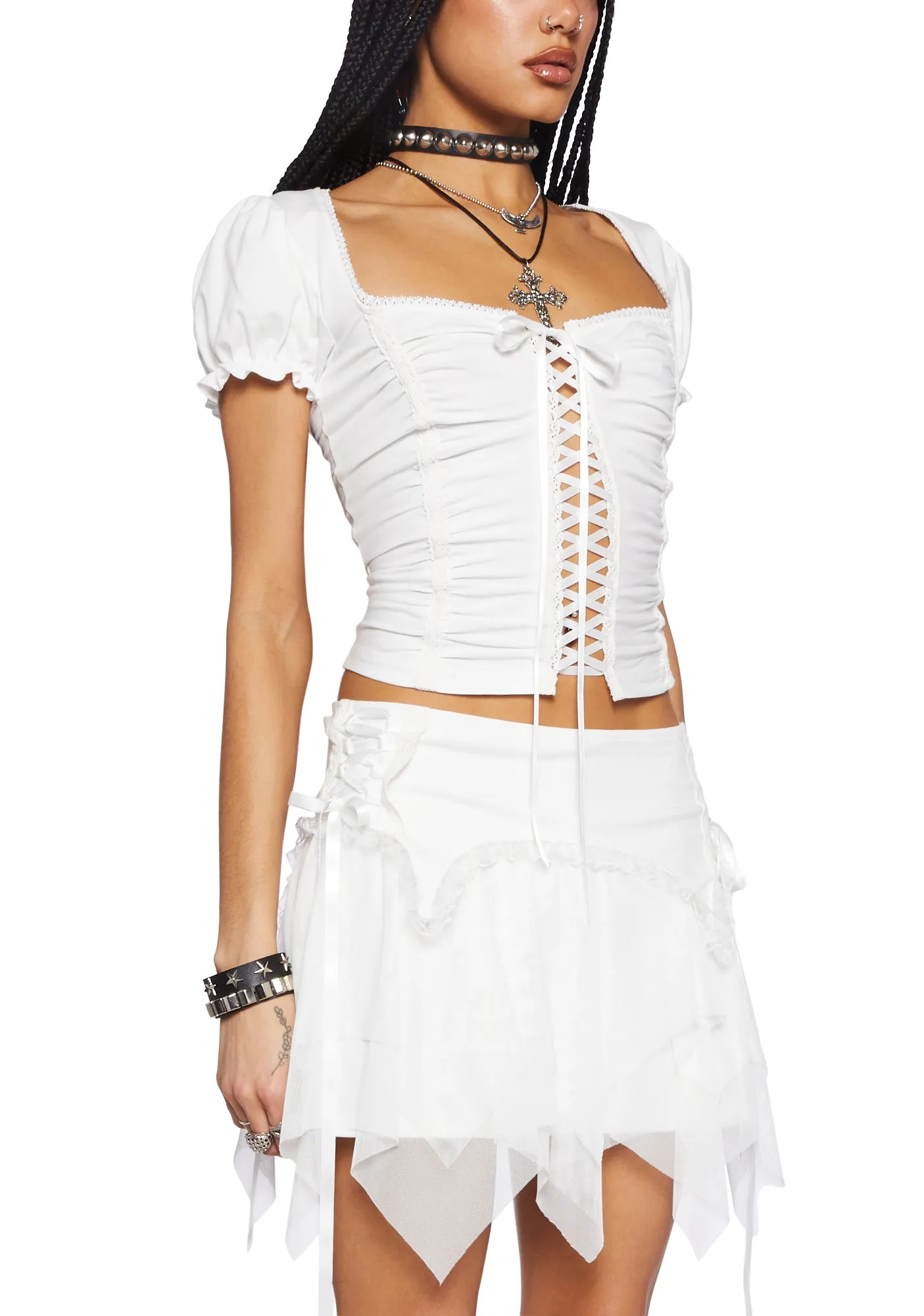 Soft Girl Era Lace Up Top- White