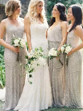 Spaghetti Straps Sweep Train Sleeveless Sequined Bridesmaid Dress (BMA20122)