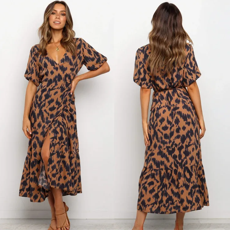 Summer new style V-neck short-sleeved lace leopard printed maxi dress