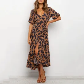 Summer new style V-neck short-sleeved lace leopard printed maxi dress