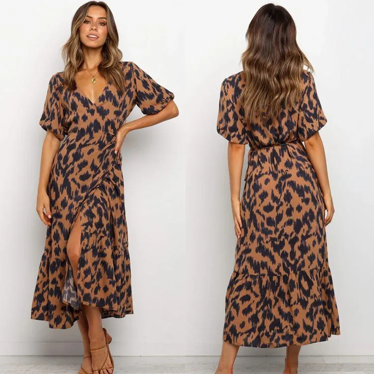 Summer new style V-neck short-sleeved lace leopard printed maxi dress