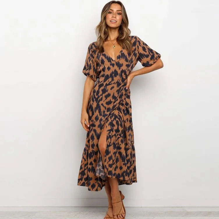 Summer new style V-neck short-sleeved lace leopard printed maxi dress