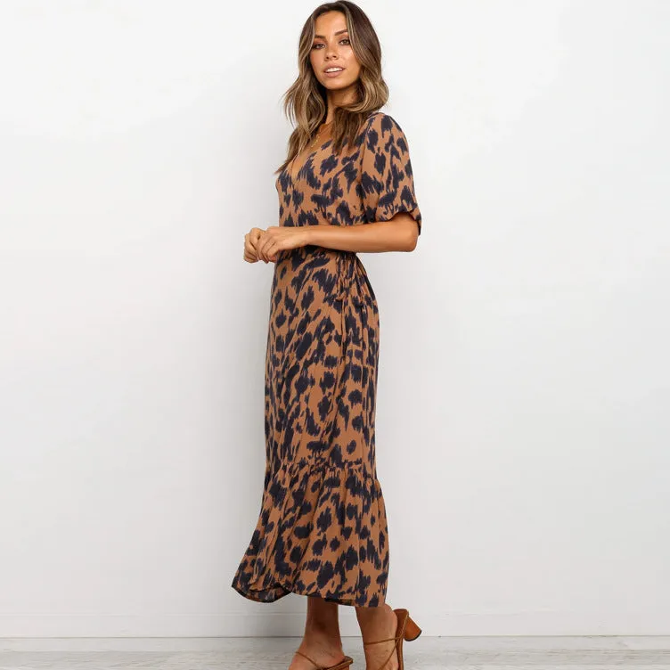 Summer new style V-neck short-sleeved lace leopard printed maxi dress