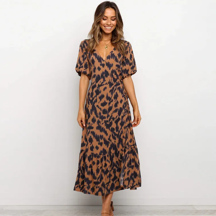 Summer new style V-neck short-sleeved lace leopard printed maxi dress