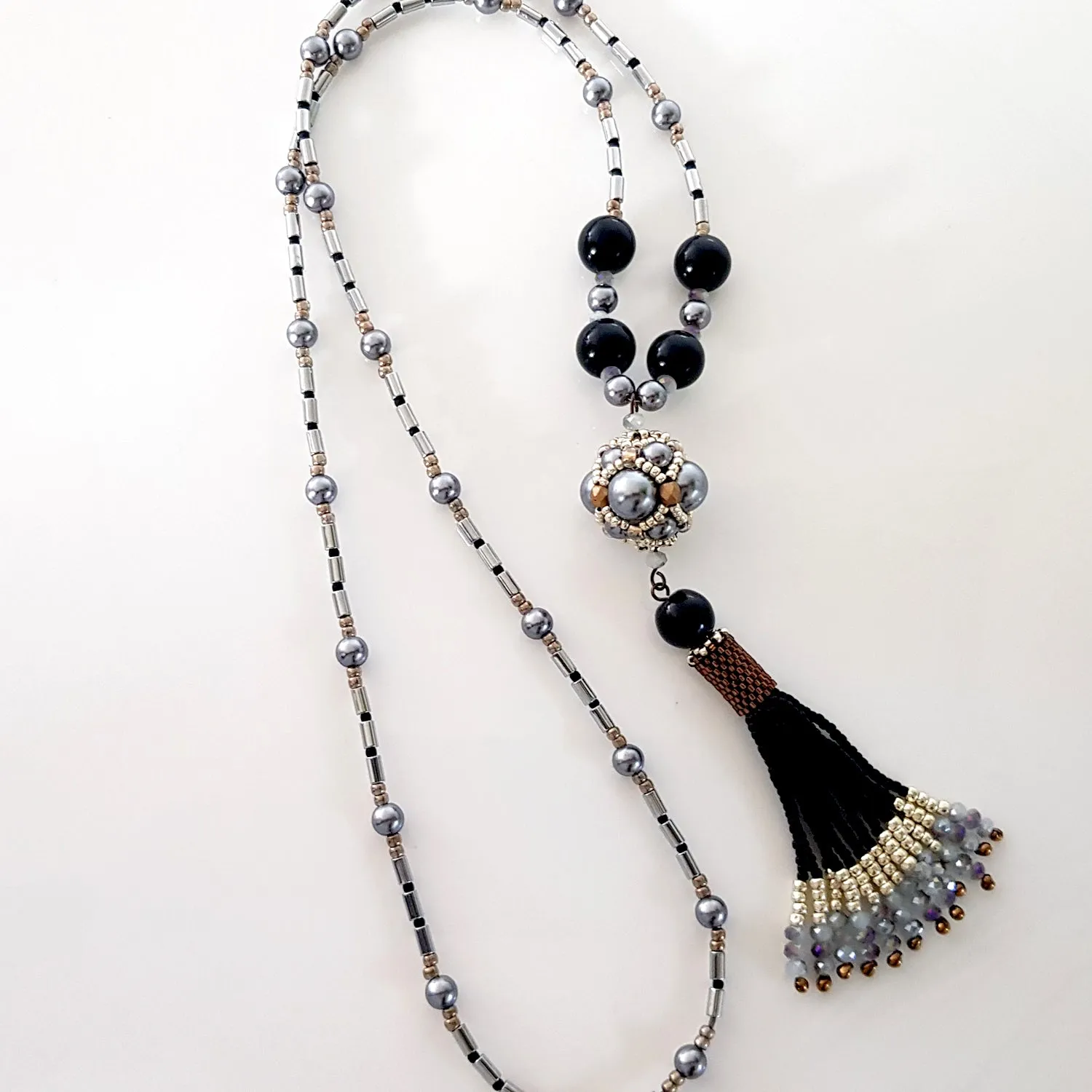 The Enchanted Ball Necklace - Black Beaded Tassel  Statement Necklace | (KJ-390N/BLK ) Handmade Necklace