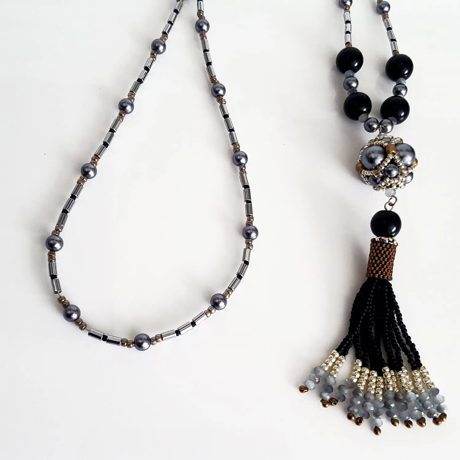 The Enchanted Ball Necklace - Black Beaded Tassel  Statement Necklace | (KJ-390N/BLK ) Handmade Necklace