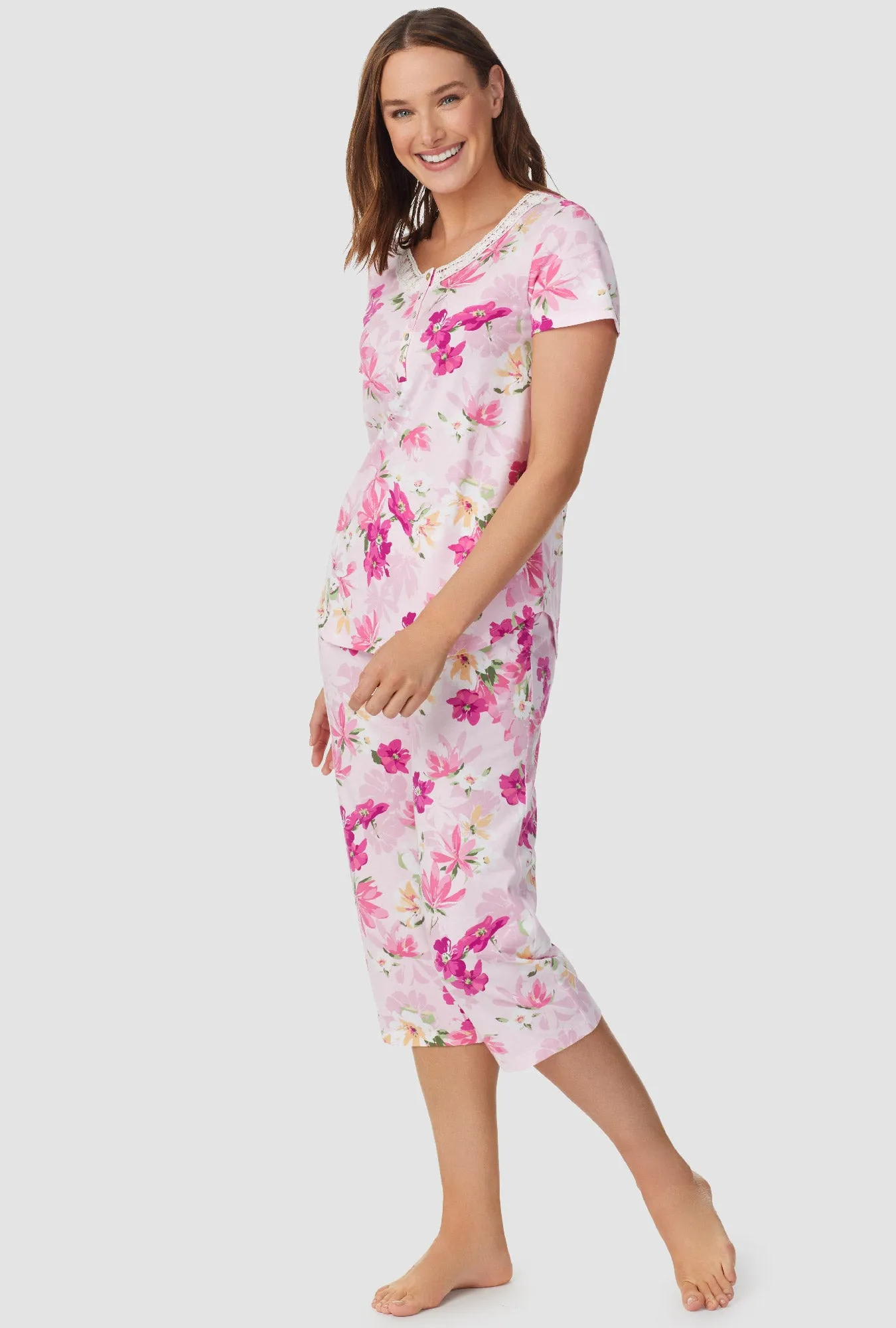 White and Magenta Floral Short Sleeve Capri Pant PJ Set